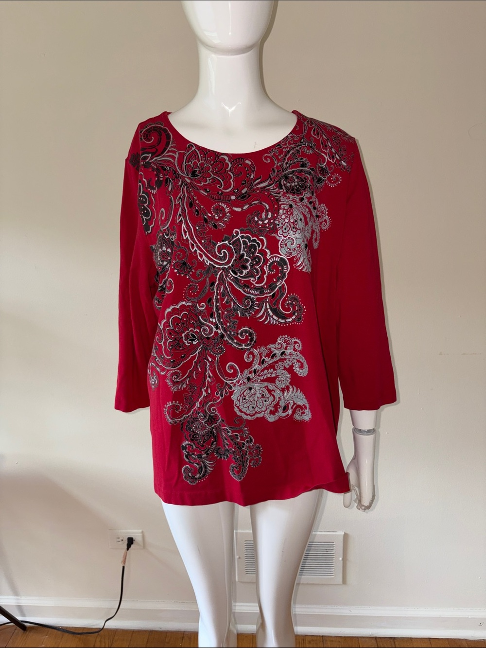 Alfred Dunner Red Scoop Neck Long Sleeve Top with Silver & Black Paisley